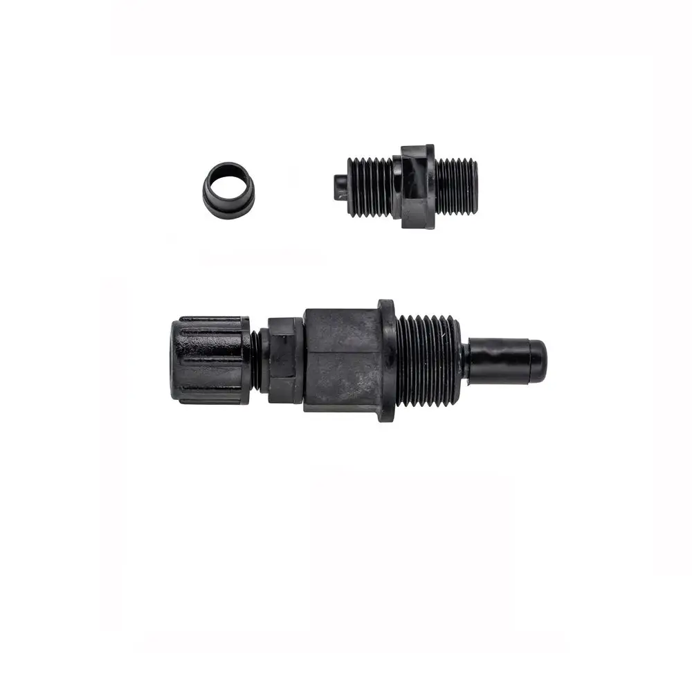 Schwarze Kunststoffbauteile für die Wasserzufuhr zu Dosierpumpen, einschließlich zwei Gewindeverbindungen und einem O-Ring. BWT-Produkt für optimale Funktionalität.